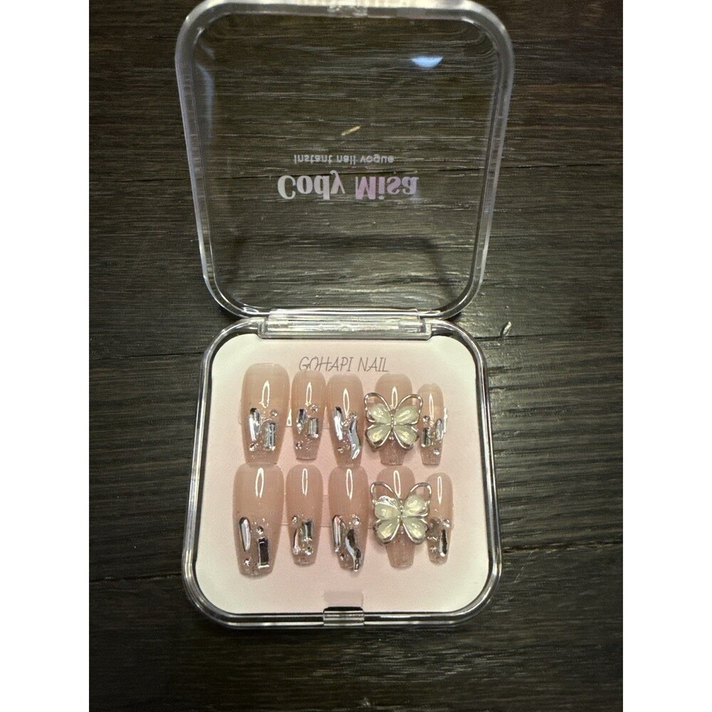 Butterfly bling press on nails – nude Glitter chrome – 3-D Luxury 10 Pcs GOHAP - Picture 3 of 3